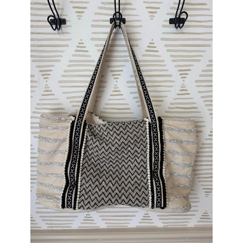 Neutral Cream and Black Boho Heavy Duty Canvas Tote Bag